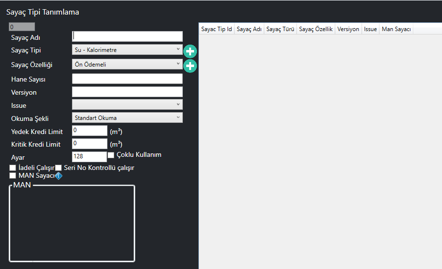 Sayaç Tip Tanım Ekranı