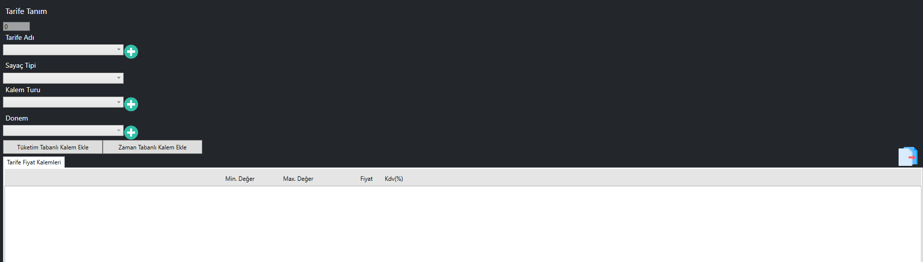 Tarife Tanım Ana Ekranı