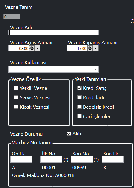 Vezne Tanımlama Ekranı