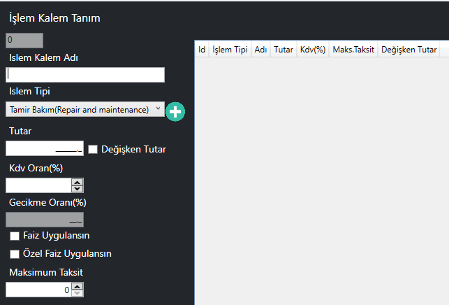 İşlem Tanım Ekranı