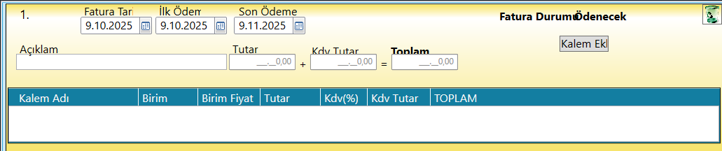 Yeni Fatura Oluşturma Bölümü