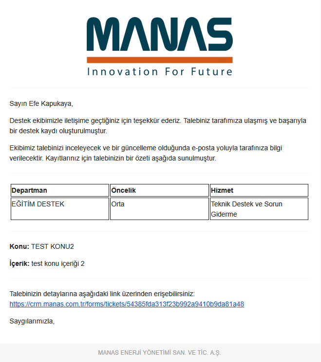 Destek Talebi Onay E-postası